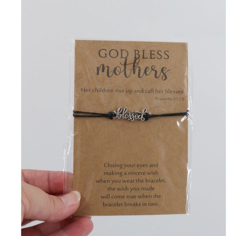 Blessed Mother God Bless Mothers Adjustable Twine Band Silver "Blessed" Charm